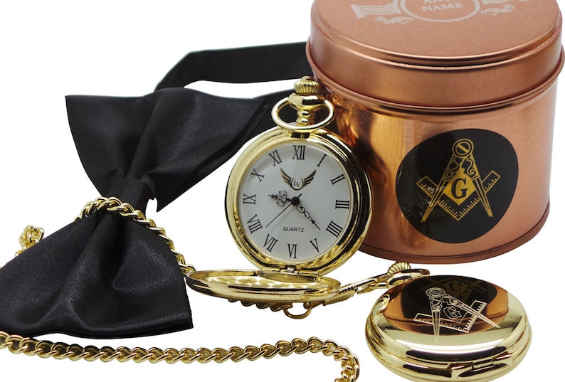 Master Mason Blue Lodge Pocket Watch - Engraved 24k Gold Clad Full Hunter Emblem - Bricks Masons