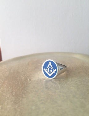 Master Mason Blue Lodge Ring - Sterling Silver & Blue Enamel - Bricks Masons