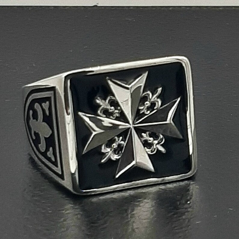 Order Of Malta Ring - Black Sterling Silver-Black Templar cross ring - Bricks Masons