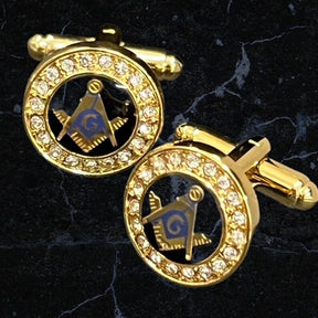 Master Mason Blue Lodge Cufflinks - Gold Crystal Luxurious Cased Boxed Gifts - Bricks Masons