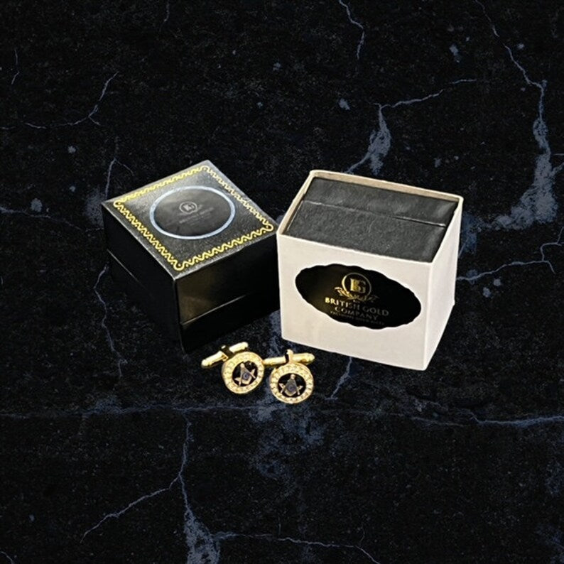 Master Mason Blue Lodge Cufflinks - Gold Crystal Luxurious Cased Boxed Gifts - Bricks Masons