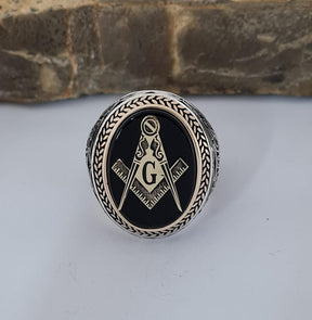 Master Mason Blue Lodge Ring - Handmade Sterling Silver Onyx - Bricks Masons