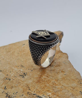 Master Mason Blue Lodge Ring - Handmade Sterling Silver Onyx - Bricks Masons
