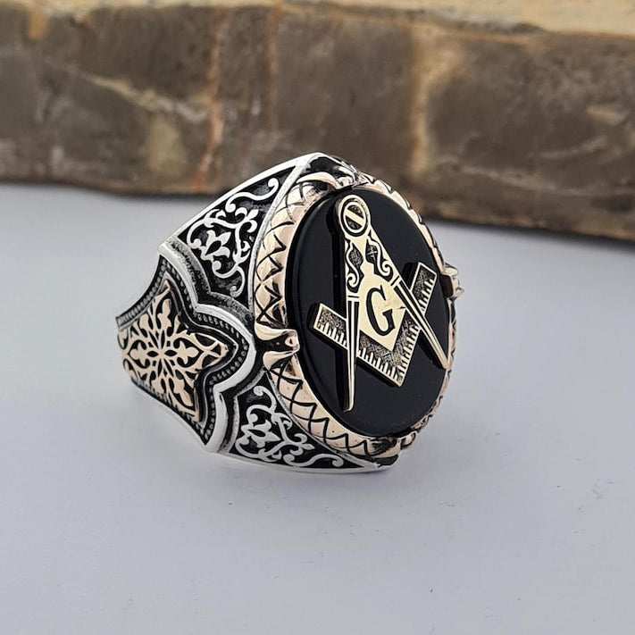 Master Mason Blue Lodge Ring - Sterling Silver Onyx - Bricks Masons