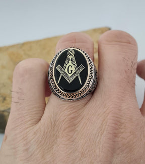 Master Mason Blue Lodge Ring - Handmade Sterling Silver Onyx - Bricks Masons