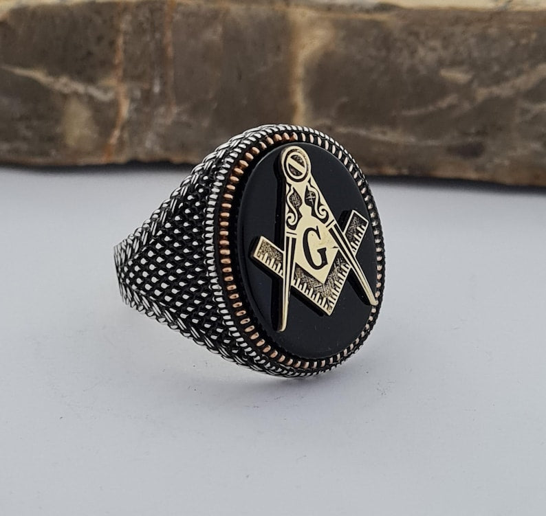 Master Mason Blue Lodge Ring - Handmade Sterling Silver Onyx - Bricks Masons