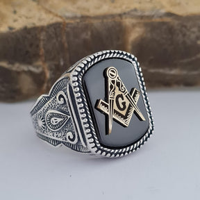 Master Mason Blue Lodge Ring - Handmade Sterling Silver Onyx - Bricks Masons