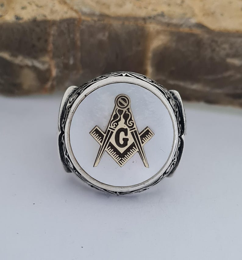 Master Mason Blue Lodge Ring - Handmade Sterling Silver Mother of Pearl - Bricks Masons