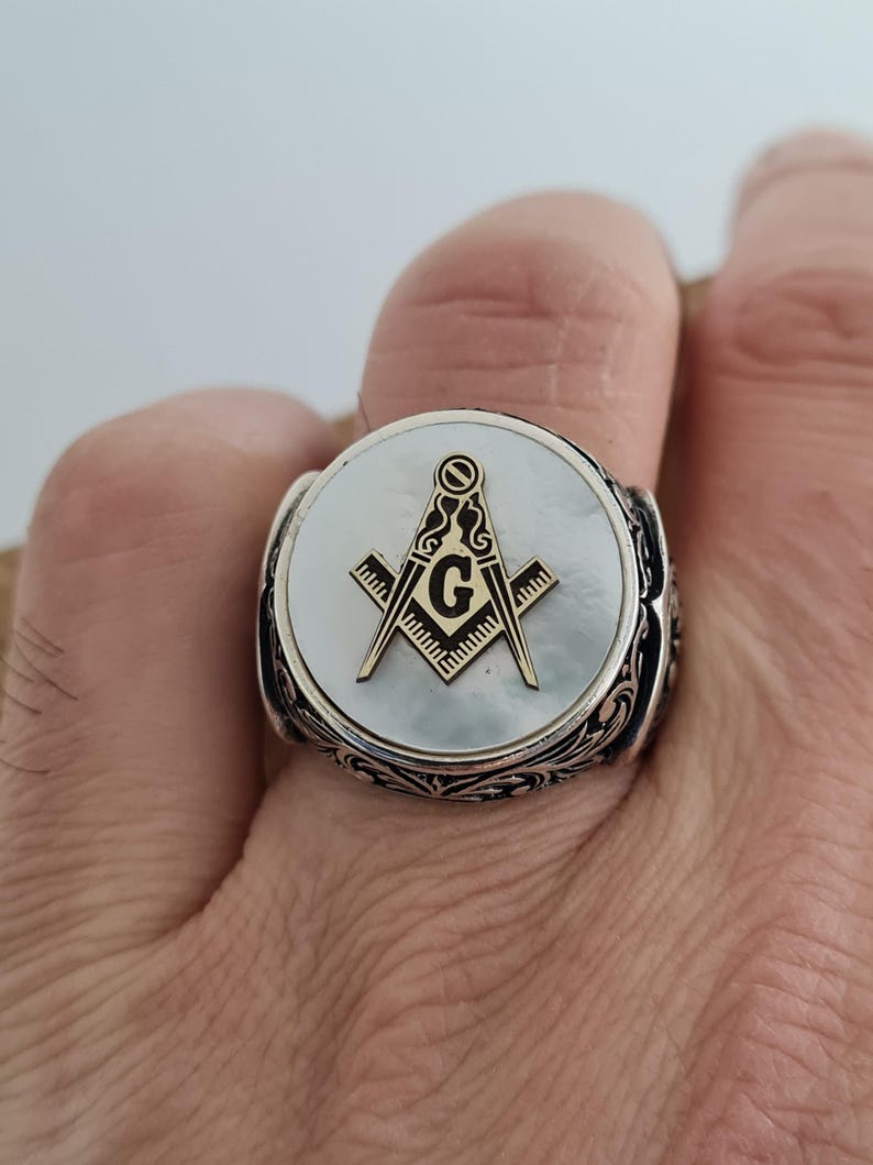 Master Mason Blue Lodge Ring - Handmade Sterling Silver Mother of Pearl - Bricks Masons