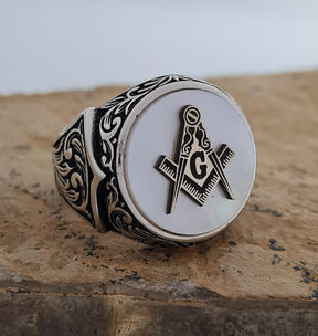 Master Mason Blue Lodge Ring - Handmade Sterling Silver Mother of Pearl - Bricks Masons