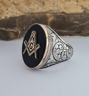 Master Mason Blue Lodge Ring - Sterling Silver Onyx - Bricks Masons