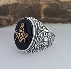 Master Mason Blue Lodge Ring - Sterling Silver Onyx - Bricks Masons