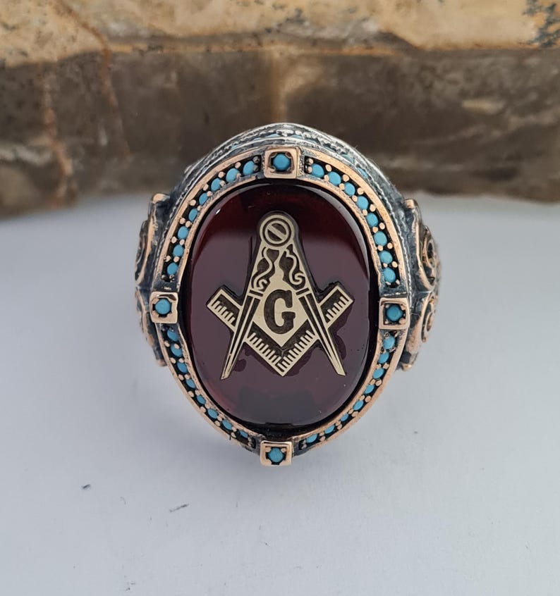 Master Mason Blue Lodge Ring - Handmade Sterling Silver Green Agate - Bricks Masons