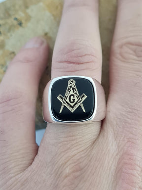 Master Mason Blue Lodge Ring - Handmade Sterling Silver Onyx - Bricks Masons