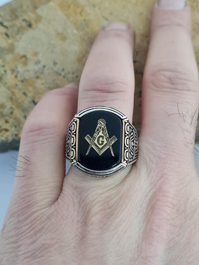 Master Mason Blue Lodge Ring - Handmade Sterling Silver Onyx - Bricks Masons