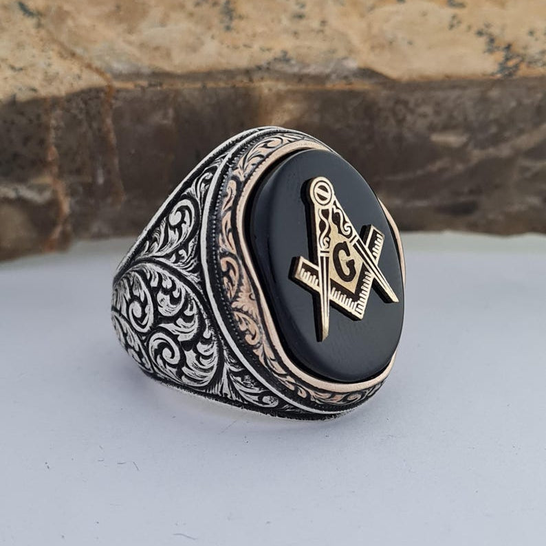 Master Mason Blue Lodge Ring - Handmade Sterling Silver Onyx - Bricks Masons