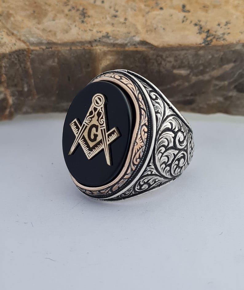 Master Mason Blue Lodge Ring - Handmade Sterling Silver Onyx - Bricks Masons