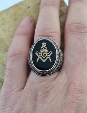Master Mason Blue Lodge Ring - Handmade Sterling Silver Onyx - Bricks Masons
