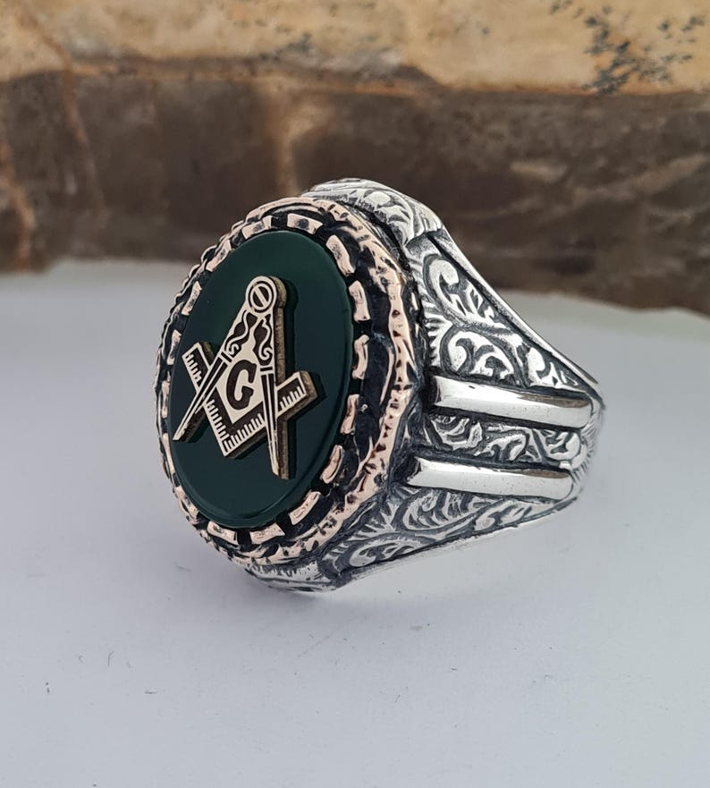 Master Mason Blue Lodge Ring - Handmade Sterling Silver Green Agate - Bricks Masons