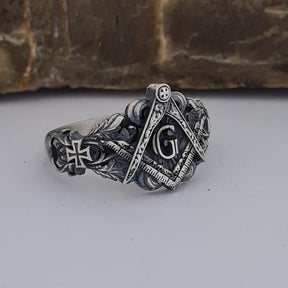 Master Mason Blue Lodge Ring - Handcrafted Sterling Silver Gothic Templar Cross - Bricks Masons