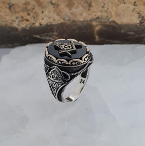 Master Mason Blue Lodge Ring - Sterling Silver Black Onyx - Bricks Masons