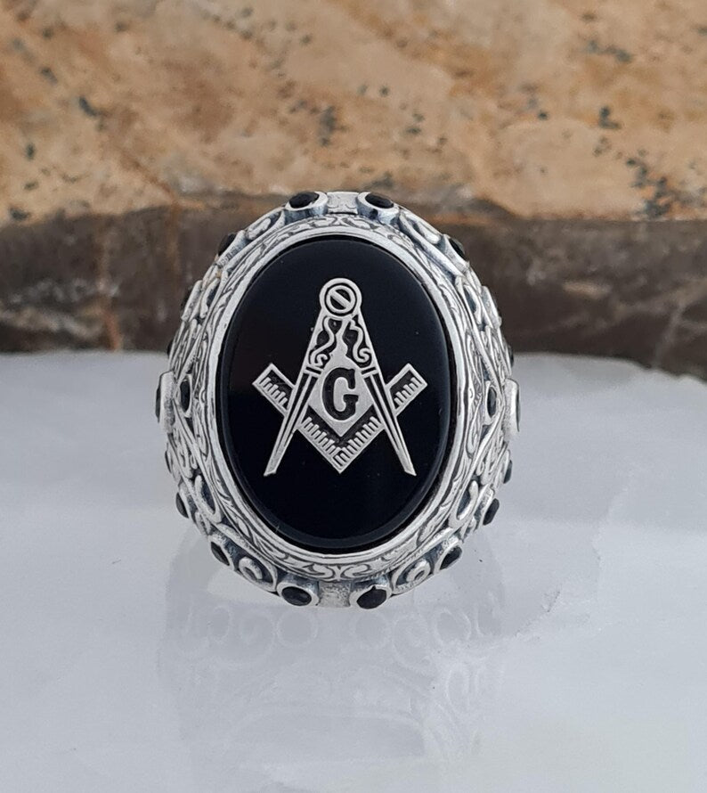 Master Mason Blue Lodge Ring - Black Onyx Sterling Silver - Bricks Masons