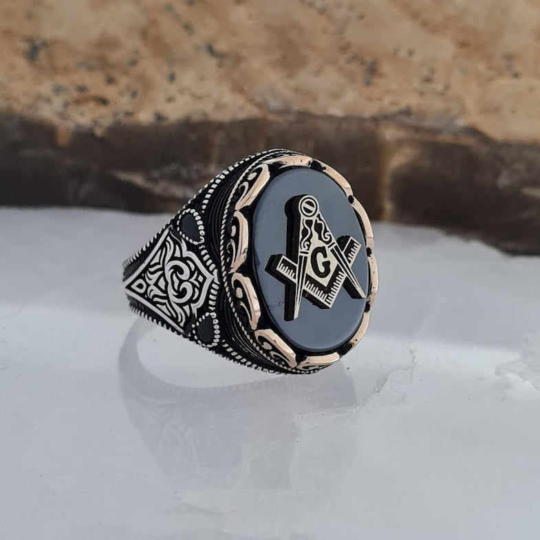 Master Mason Blue Lodge Ring - Sterling Silver Black Onyx - Bricks Masons