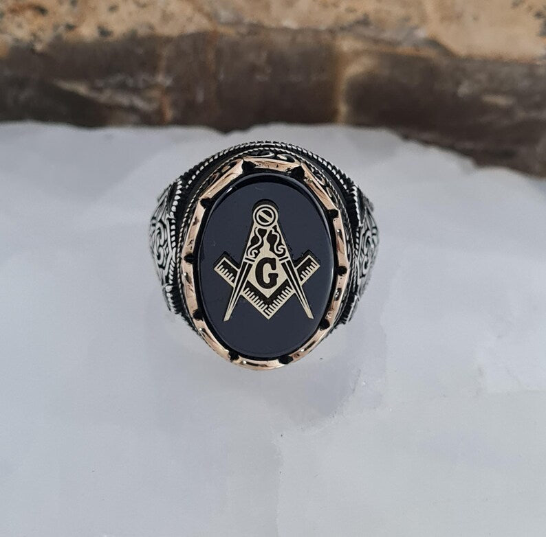 Master Mason Blue Lodge Ring - Sterling Silver Black Onyx - Bricks Masons