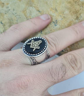 Master Mason Blue Lodge Ring - Handmade Sterling Silver Masonic Ring: Black Onyx - Bricks Masons