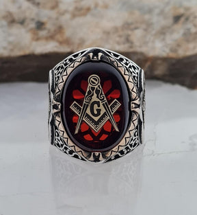 Master Mason Blue Lodge Ring - Sterling Silver Zircon - Bricks Masons