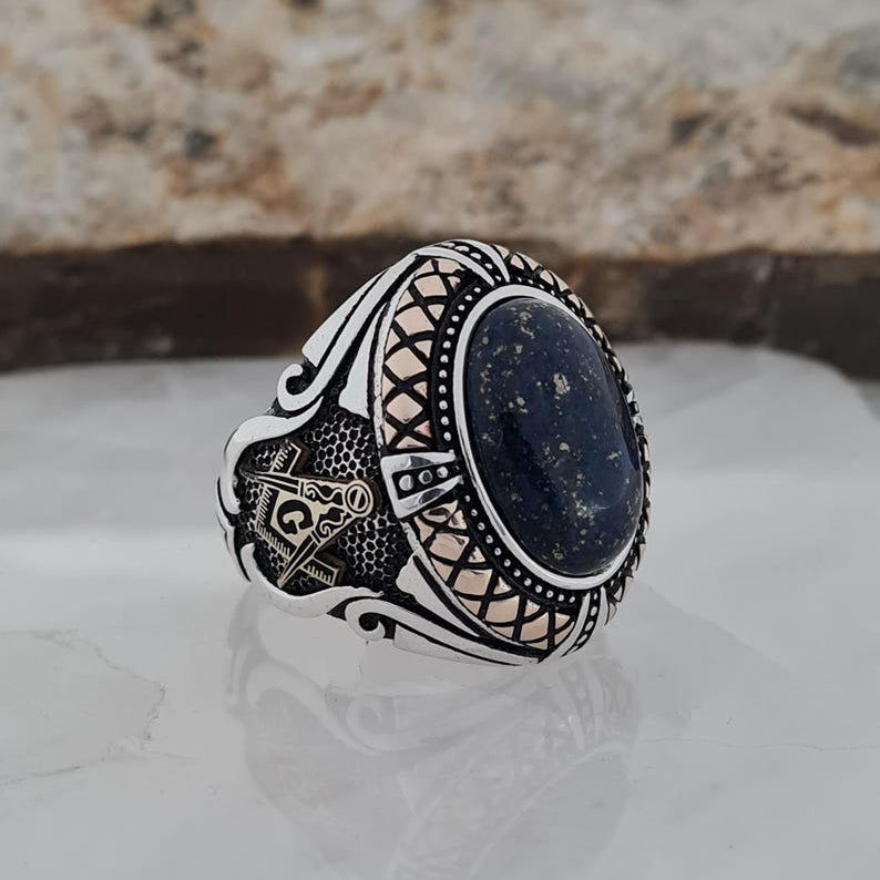 Master Mason Blue Lodge Ring - Handcrafted Sterling Silver Lapis Lazuli Stone - Bricks Masons