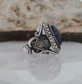 Master Mason Blue Lodge Ring - Handcrafted Sterling Silver Lapis Lazuli Stone - Bricks Masons