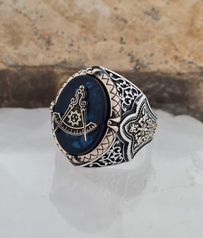 Master Mason Blue Lodge Ring - Handmade Sterling Silver Zircon Sapphire - Bricks Masons