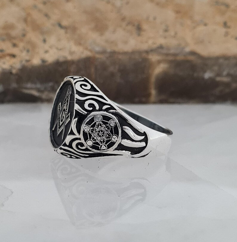 Master Mason Blue Lodge Ring - Handmade Sterling Silver & Black - Bricks Masons