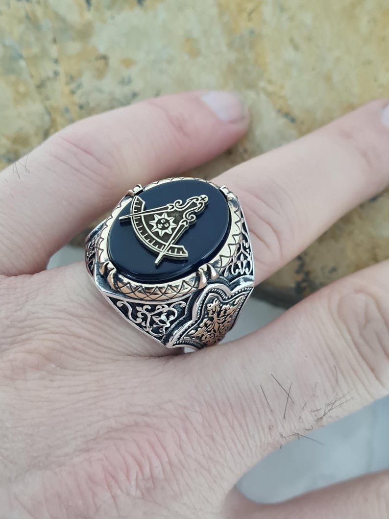 Master Mason Blue Lodge Ring - Handmade Sterling Silver Zircon Sapphire - Bricks Masons