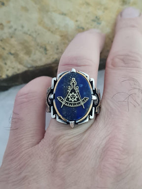 Master Mason Blue Lodge Ring - Handmade Sterling Silver Lapis Lazuli - Bricks Masons