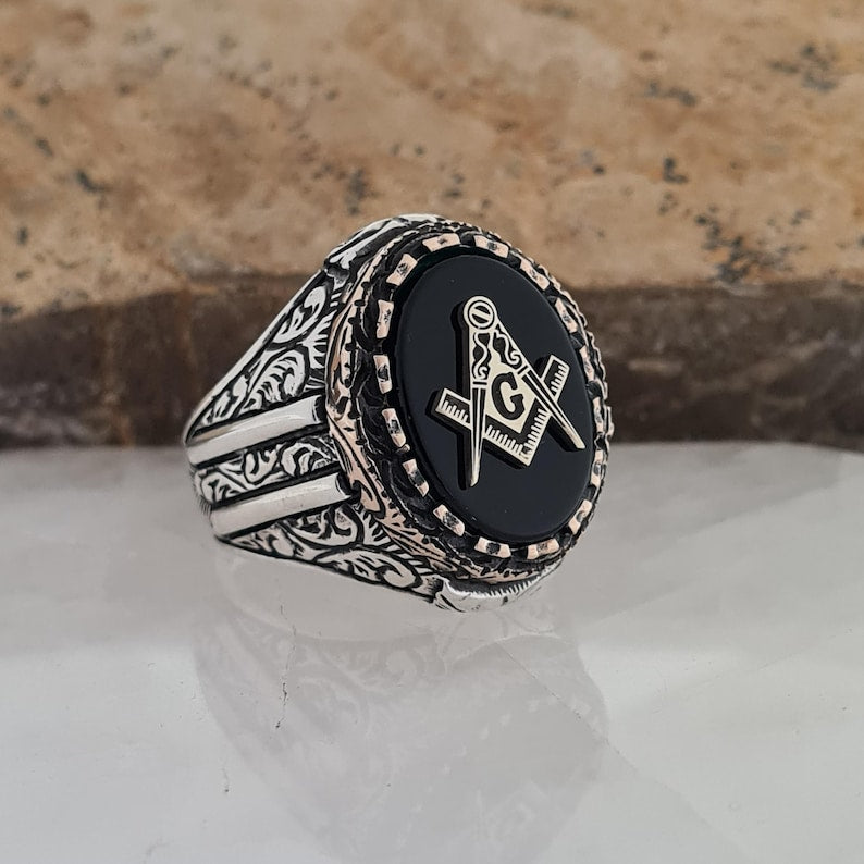 Master Mason Blue Lodge Ring - Handmade Sterling Silver Green Agate - Bricks Masons