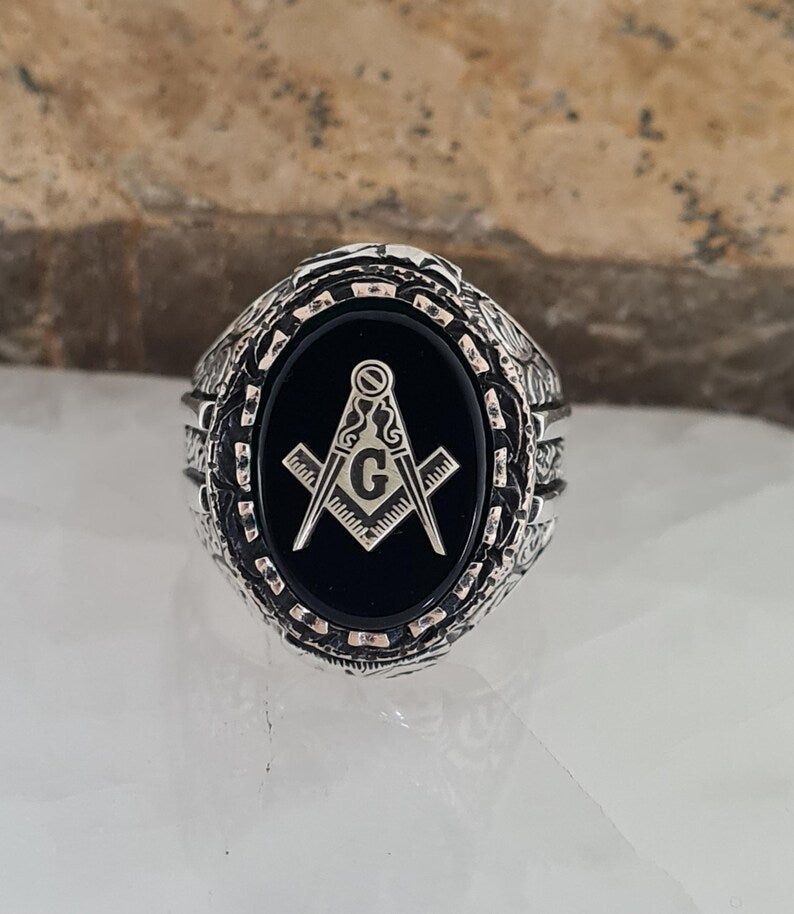 Master Mason Blue Lodge Ring - Handmade Sterling Silver Onyx Masonic - Bricks Masons