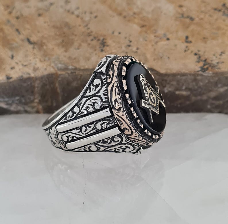 Master Mason Blue Lodge Ring - Handmade Sterling Silver Onyx Masonic - Bricks Masons