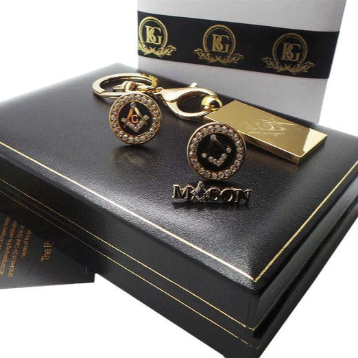 Master Mason Blue Lodge Cufflinks - 24k Gold Keychain Crystal & Lapel Pin Set - Bricks Masons
