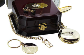 Master Mason Blue Lodge Pocket Watch - 24k Gold Keychain Full Hunter and Lapel Pin - Bricks Masons