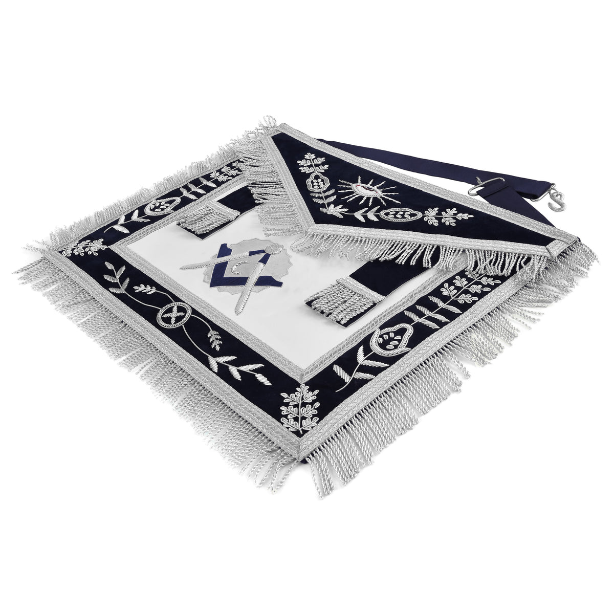 Junior Deacon Blue Lodge Officer Apron - Dark Blue With Silver Hand Embroidery Bullion - Bricks Masons