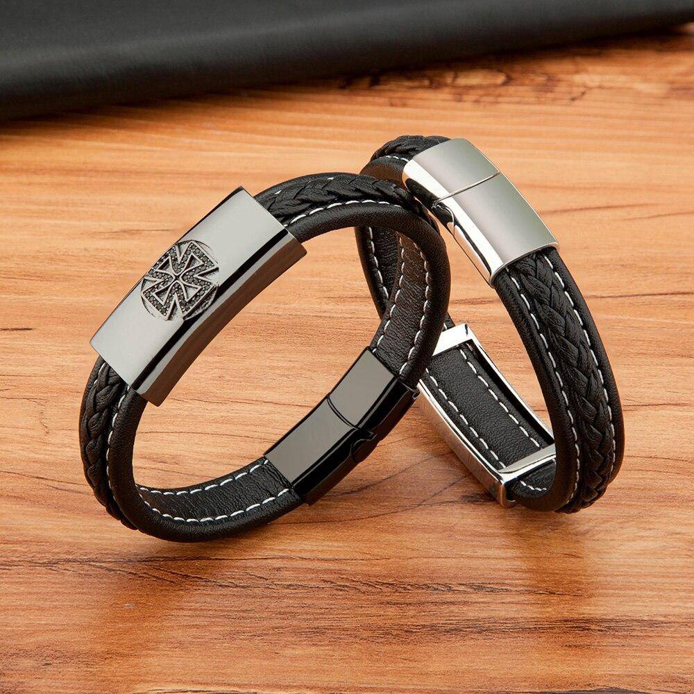 Knights Templar Bracelet - Cross Magnetic Leather (Gold/Silver/Black) - Bricks Masons