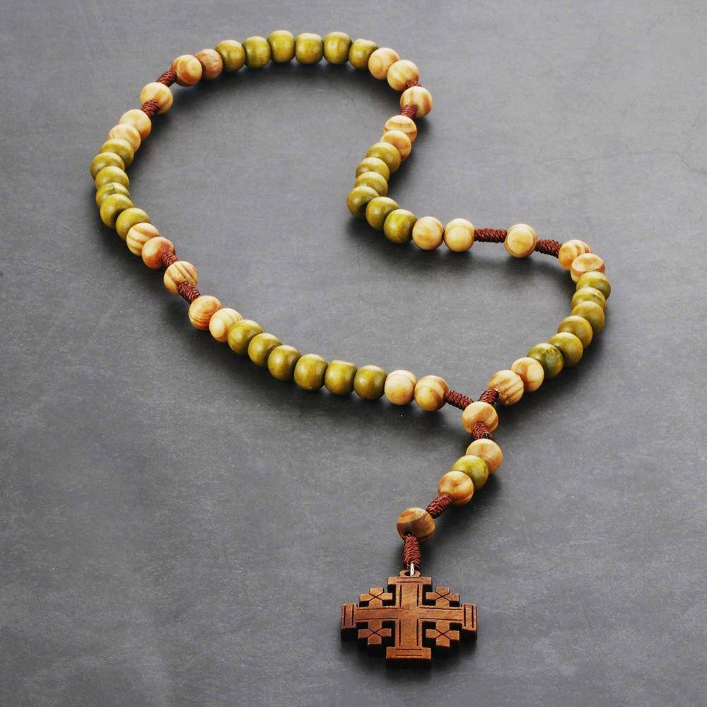Knights Templar Necklace - Wooden Rosary Beaded Jerusalem Cross - Bricks Masons