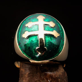 Knights Templar Ring - Green Brass Lorraine Cross - Bricks Masons