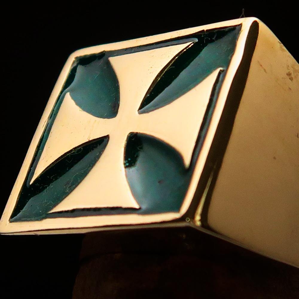Knights Templar Ring - Green & Gold Solid Brass With Cross - Bricks Masons