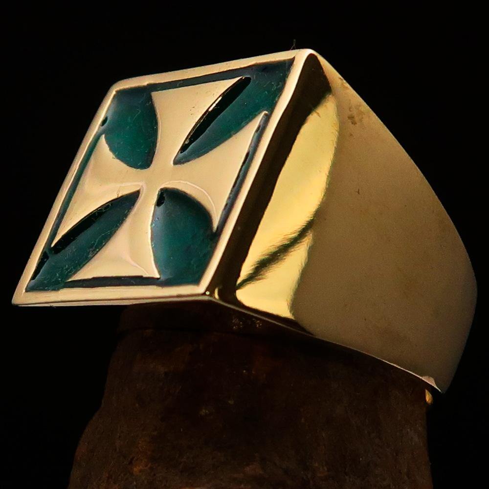 Knights Templar Ring - Green & Gold Solid Brass With Cross - Bricks Masons