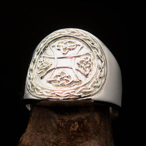 Knights Templar Ring - Polished Cross Sterling Silver - Bricks Masons