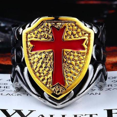 Knights Templar Ring - Red Cross Gold Shield - Bricks Masons