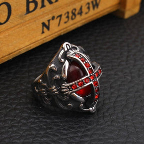 Knights Templar Ring - Red Stone Cross Silver and Gold - Bricks Masons